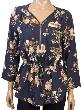 Stella Tweed Floral Top Womens Size Medium Drawstring Zippered Long Sleeve Blue